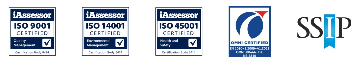 Accredited: ISO 9001, ISO 14001, ISO 45001, OMNI EN 1090 (CE marking) and SSIP